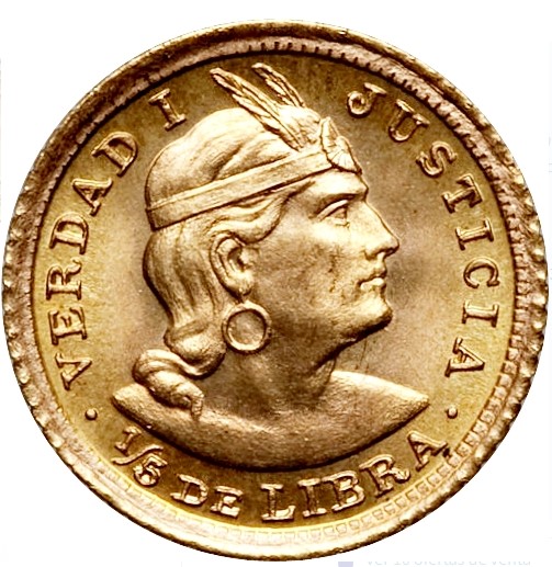 Moneda de Oro 22 Kts. 1/5 Libra Peruana 1.6gr