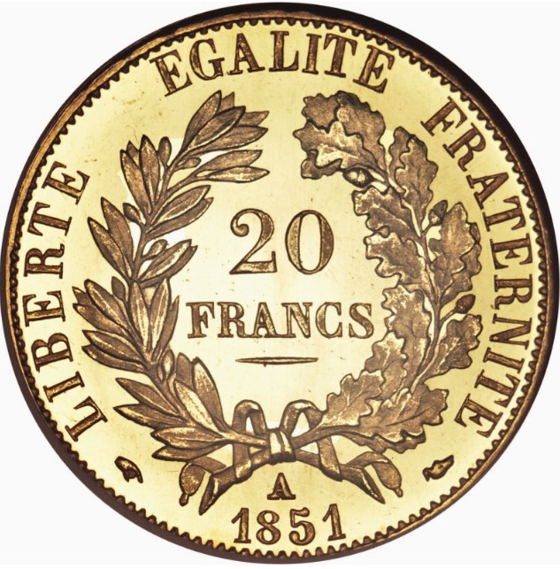 Moneda de Oro 22 kts. 20 Francos Franceses 2a República 6.4g