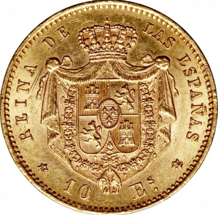 Moneda de Oro 22 Kts 10 Escudos Isabel II 8.3 g