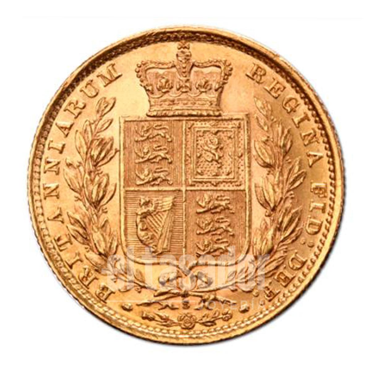Moneda de Oro 22 Kts  Media Libra Esterlina Victoria Joven Escudo de Armas 4 g.