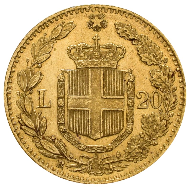 Moneda de Oro 22 kts. 20 Liras Italianas Umberto I 6.4g