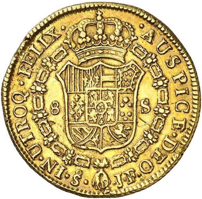 Moneda de oro 22 kts. 8 Escudos Carlos IV. Santiago. JF.