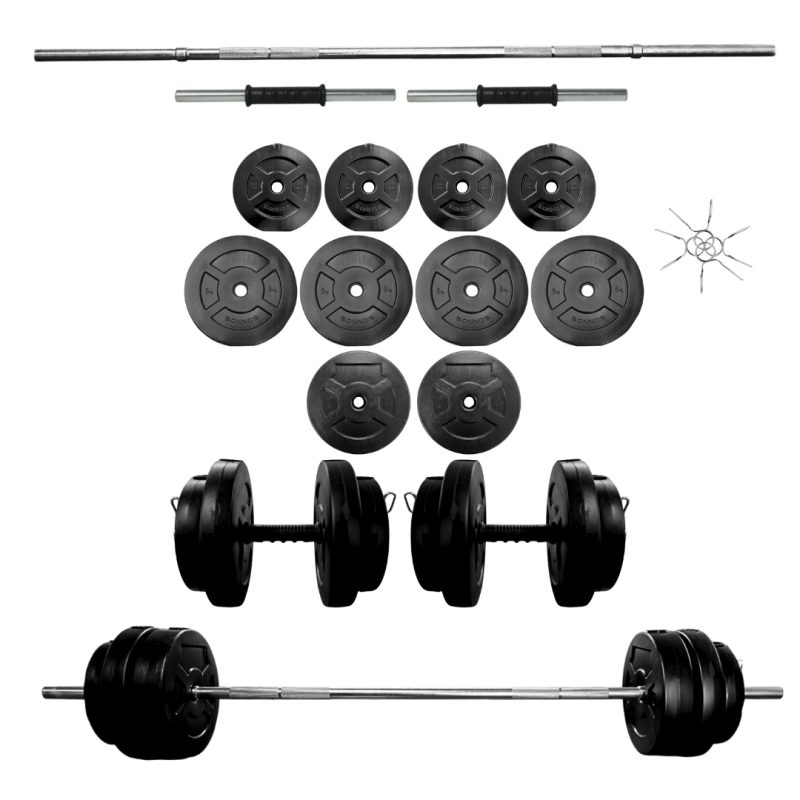 BARRA 1.70 MTS MACIZA + 2 MANCUERNAS A ROSCA + 50kg DISCO PVC