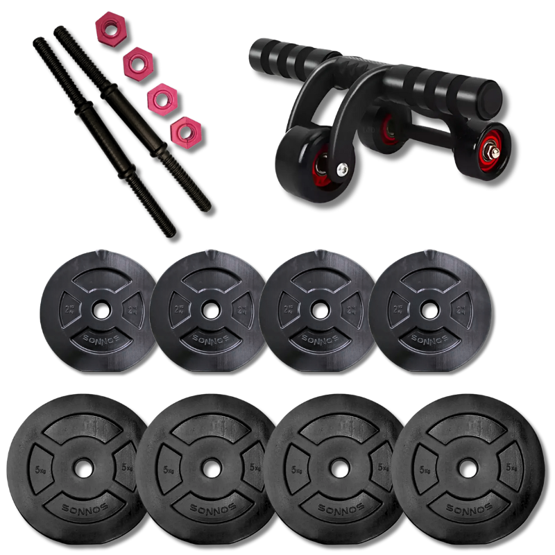 Kit Mancuernas PVC 30 kg + Rodillo Abdominal 3 Ruedas