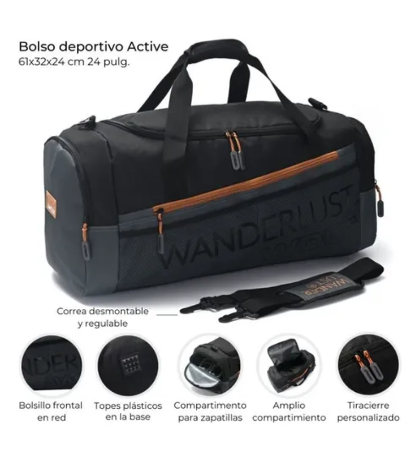 Bolso Deportivo Wanderlust Grande 61x32x24 cm Negro/Gris | 24” con Compartimento para Zapatillas y Correa Regulable