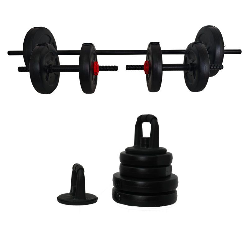 Kit 20 Barra + Mancuernas PVC Rosca + Set Ruso 25mm Discos 20kg