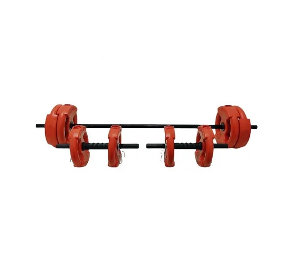 KIT BARRA + MANCUERNAS + 30 KG DISCO PVC ROJO CON MANIJAS