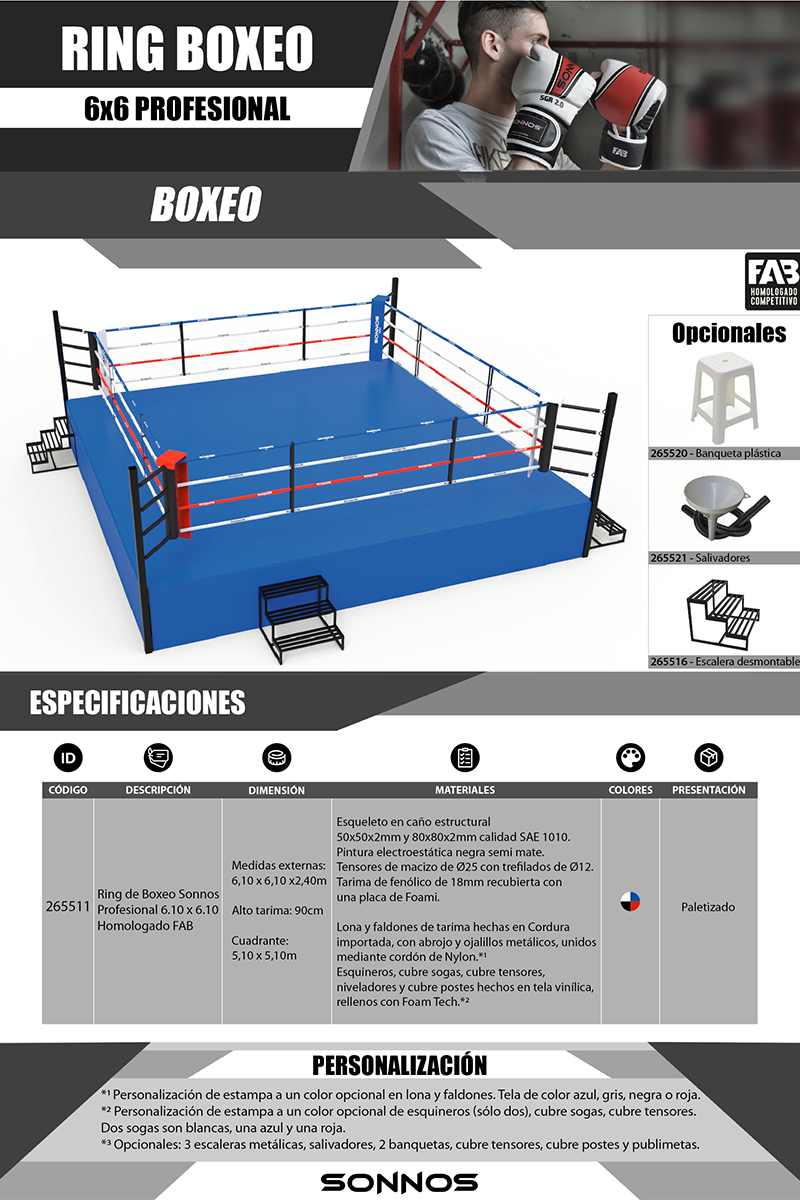 RING BOXEO SONNOS PROFESIONAL 6mts x 6mts x 90cm medidas oficiales FAB FIB