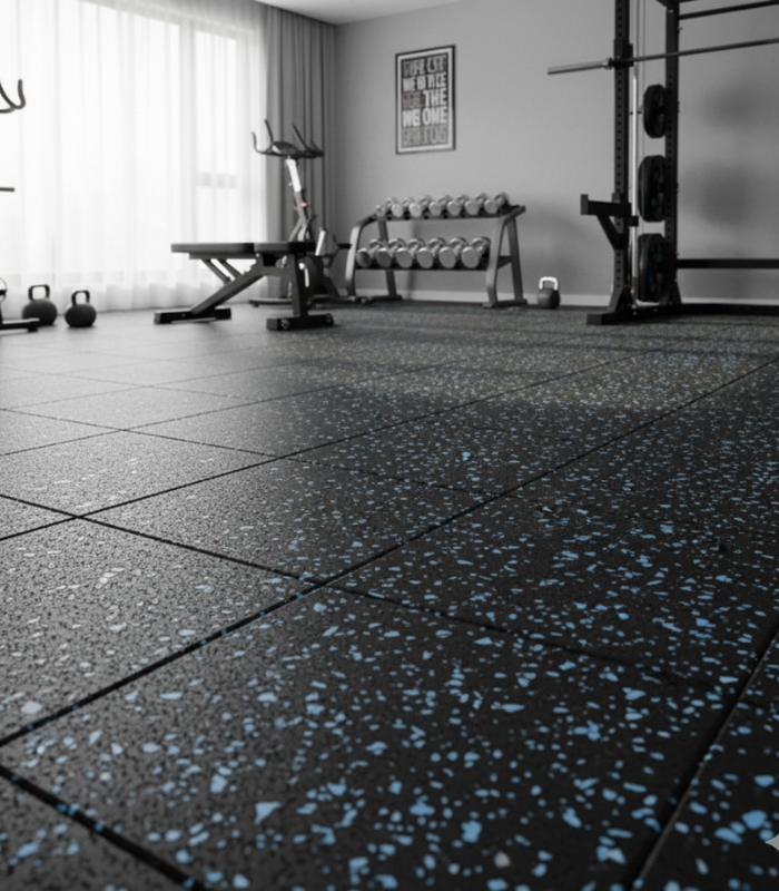 Piso Caucho 10mm Negro con Pintas Antigolpes Reciclado