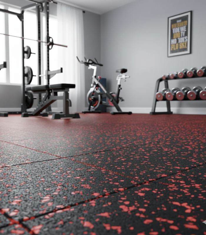 Piso Caucho 10mm Negro con Pintas Antigolpes Reciclado