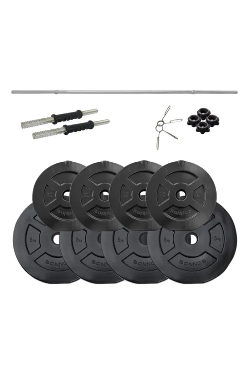BARRA MACIZA 150 + MANCUERNAS A ROSCA + 30kg DISCO PVC NEGRO