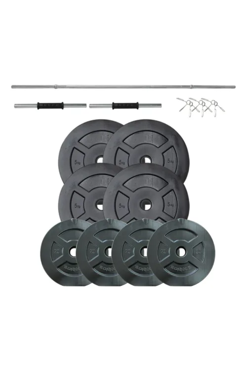 Kit de Pesas Sonnos 30 kg con Barra y Mancuernas Semimacizas – Discos de PVC