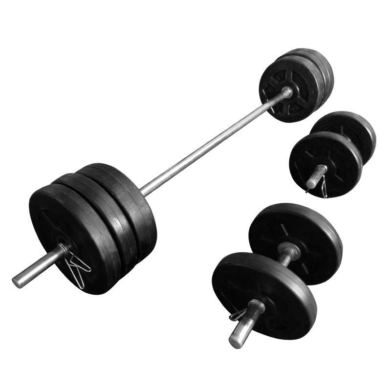 BARRA + MANCUERNAS SEMI MACIZAS  50kg DISCO PVC NEGRO