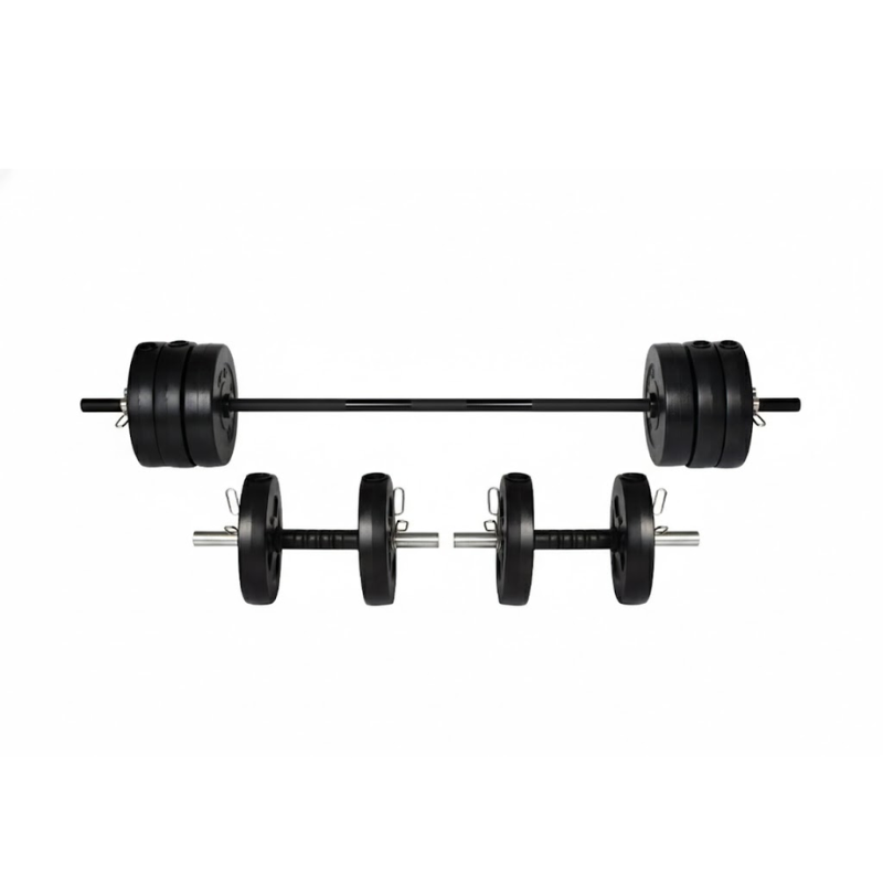 Fuerza en Casa – Barra Cromada + Mancuernas + 50kg Discos PVC