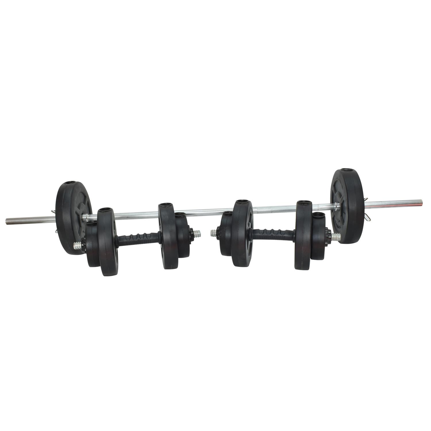 Kit 24kg disco pvc barra maciza y mancuernas a rosca