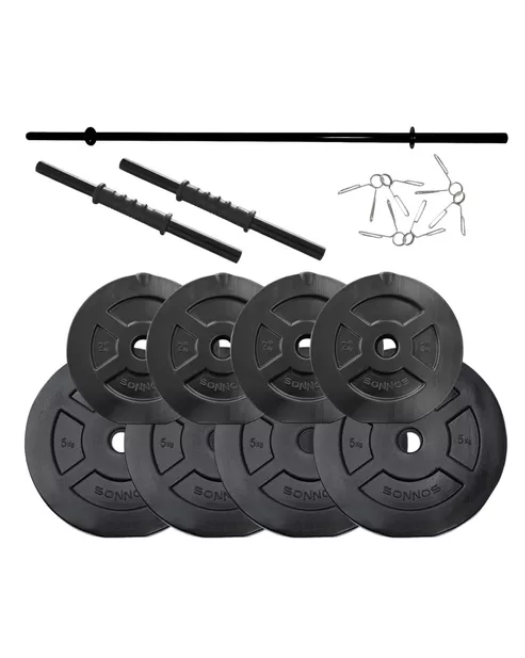 KIT MANCUERNAS + BARRA + 30 KG DISCO PVC NEGRO
