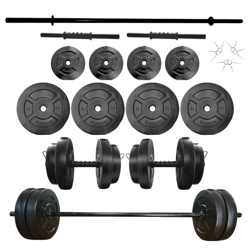 KIT MANCUERNAS + BARRA + 30 KG DISCO PVC NEGRO