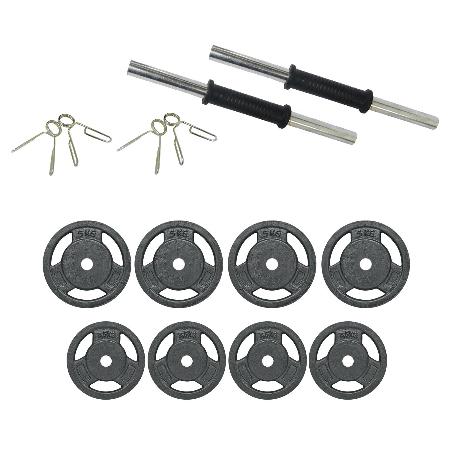 SET 30kg DISCO FUNDICION TRIGRIP + MANCUERNAS + TOPES