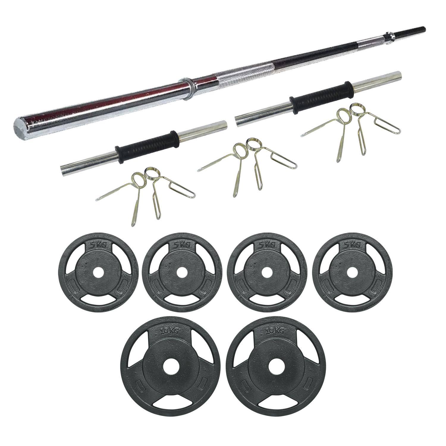 SET 40kg DISCO FUNDICION TRIGRIP + BARRA + MANCUERNAS + TOPES