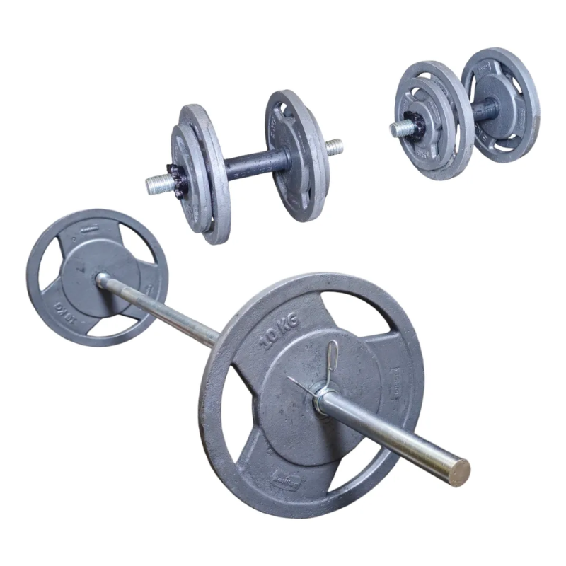 Kit Barra + Mancuernas 50kg Discos Fundición Trigrip Ø30mm | Entrenamiento de Fuerza Sonnos