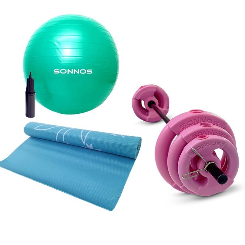 SET COLCHONETA YOGA MAT + KIT 17kg DISCO PVC ROSA + FITBALL