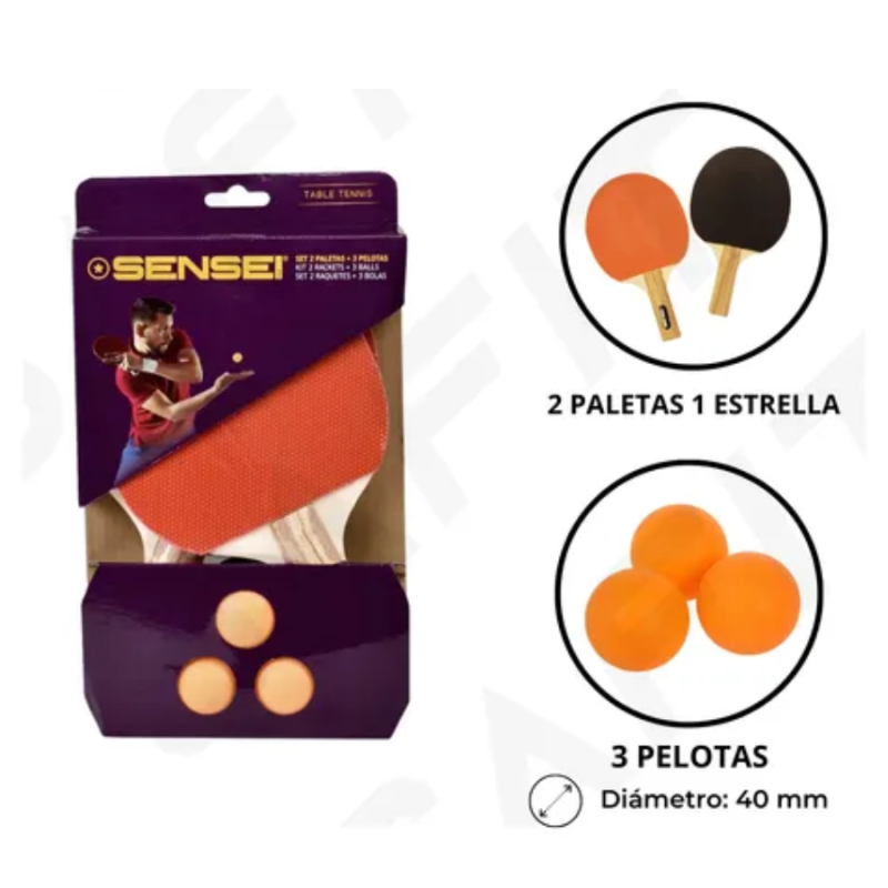 Set Ping Pong Sensei 2 Paletas + 3 Pelotas | Recreativo