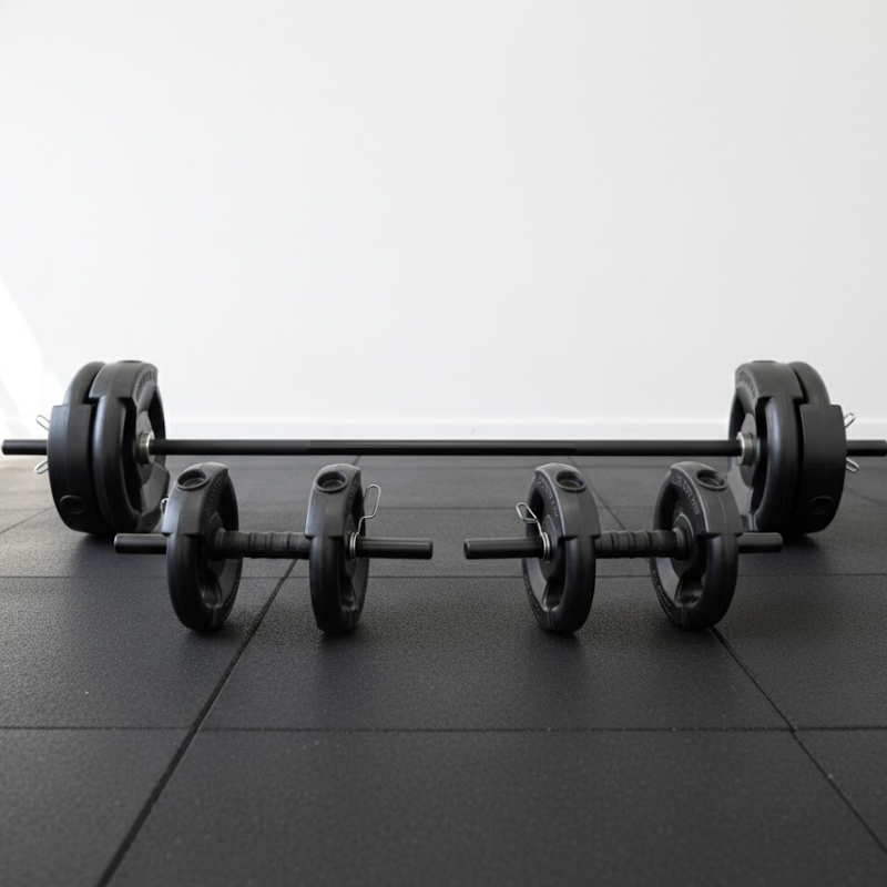 KIT BARRA + MANCUERNAS + 30 KG DISCO PVC NEGRO CON MANIJAS