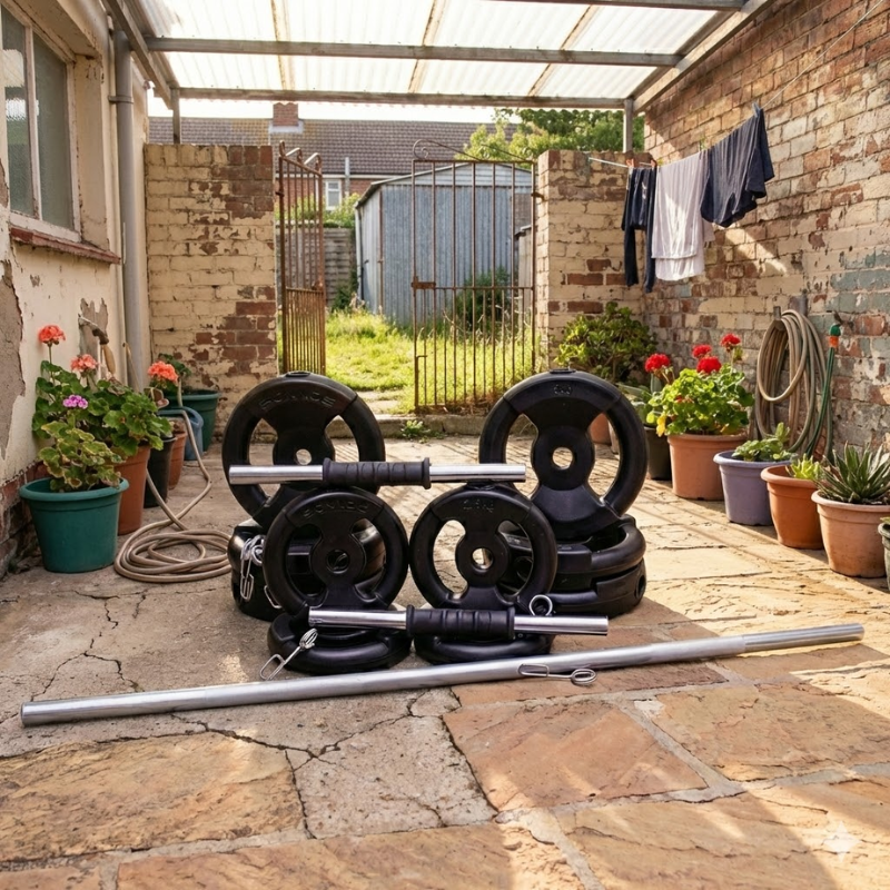 Kit de Pesas 40 kg con Discos con Agarre + Barra y Mancuernas Semi Macizas Ø25 mm | Entrenamiento de Fuerza Sonnos