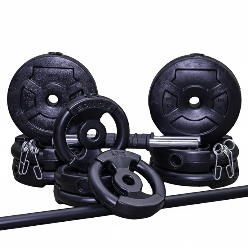 Kit 50kg Sonnos con Barra y Mancuernas Semi Macizas + Discos con Agarre PVC Ø25mm | Entrenamiento de Fuerza Completo