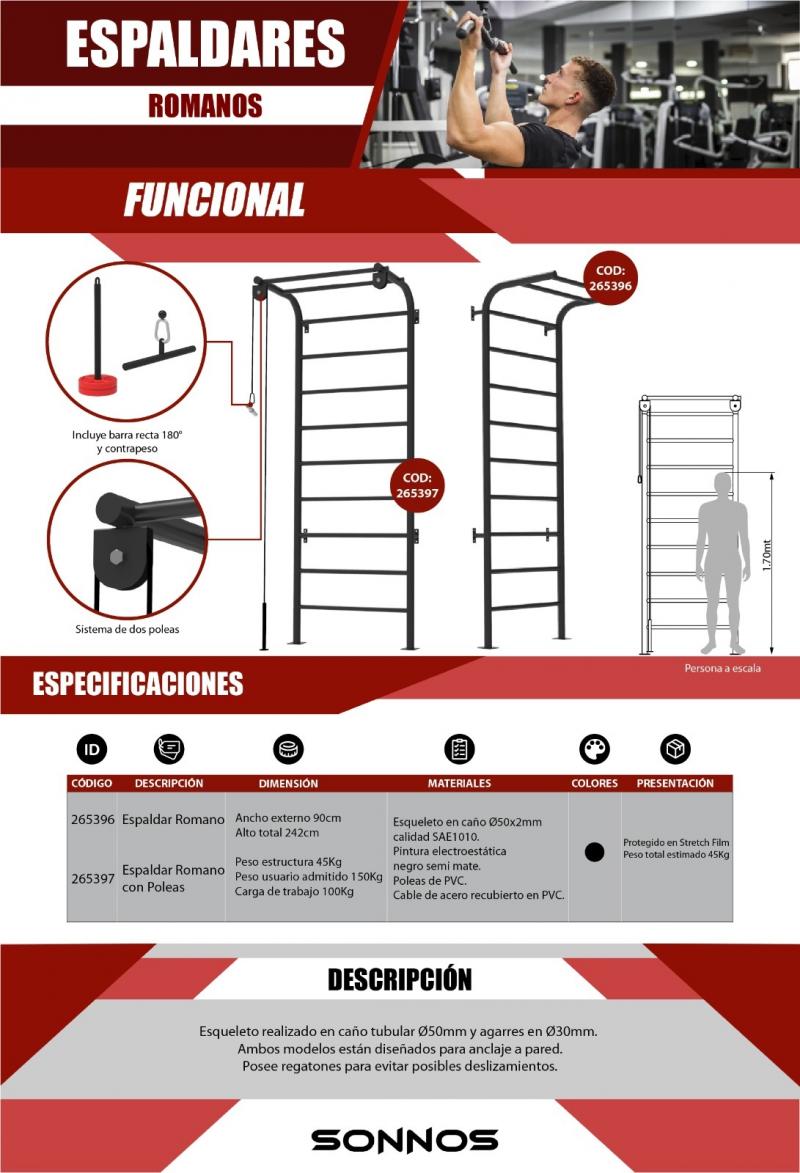 ESPALDAR SONNOS COMPLETO 2,40mts x 90cm (incluye cables, poleas y porta discos)