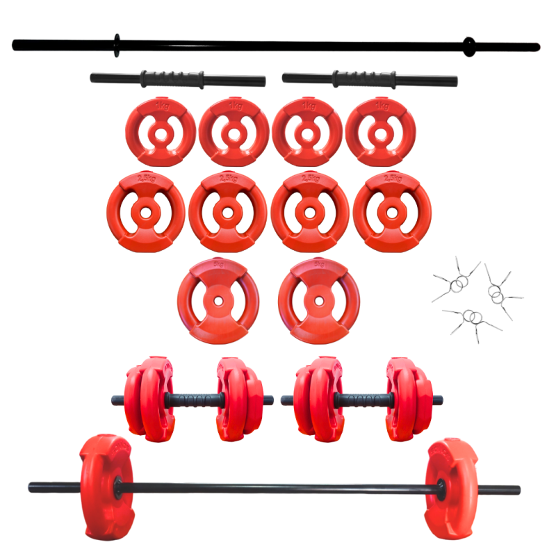 KIT BARRA + MANCUERNAS + 24 KG DISCO PVC ROJO (con manija)