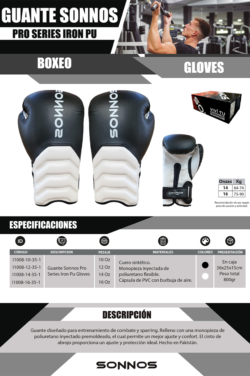 Guantes de Boxeo SONNOS Pro Series Iron PU | 10 oz, 12 oz, 14 oz y 16 oz | Entrenamiento y Sparring Profesional