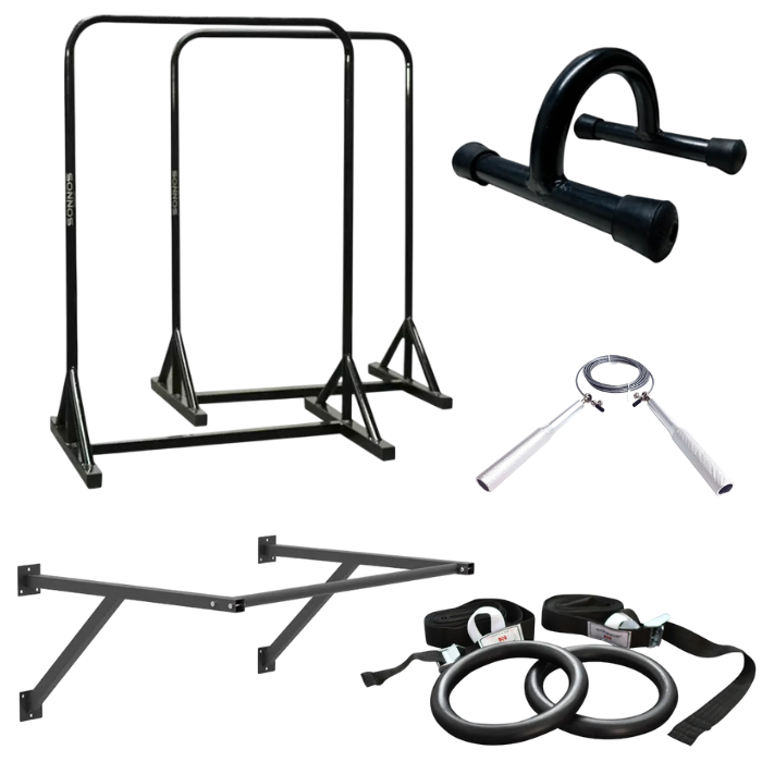 VALLA PARALELA CALISTENIA 120cm x par mas ANILLA REVESTIDA EN PVC mas MANIJA FLEXIONES mas BARRA DOMINADAS 90cm de vuelo mas  SPEED ROPE ALUMINIO