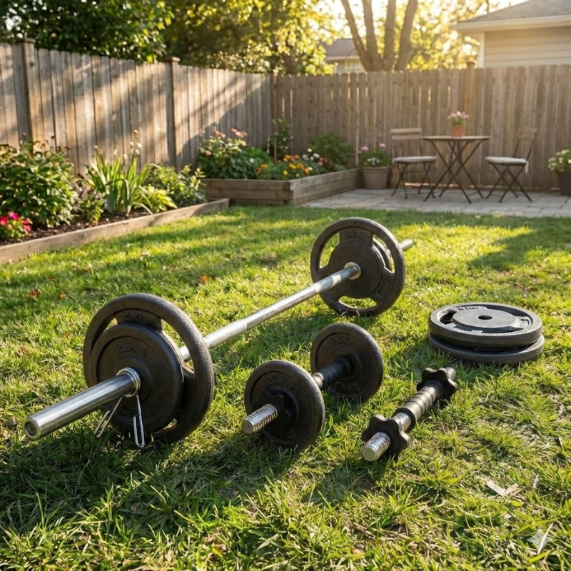 Kit Pesas 20kg Disco Fundición Trigrip + Barra y Mancuernas Sonnos