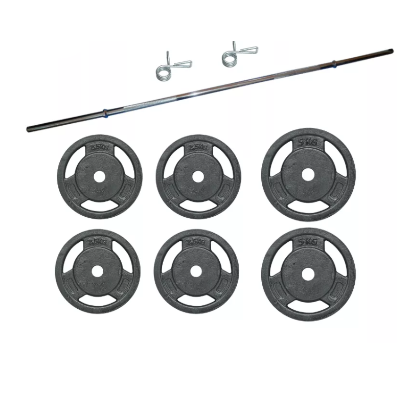 Kit Pesas 20kg Disco Fundición Trigrip + Barra y Mancuernas Sonnos