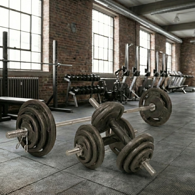 Kit 40kg Discos Trigrip Fundición + Barra Cromada + Mancuernas