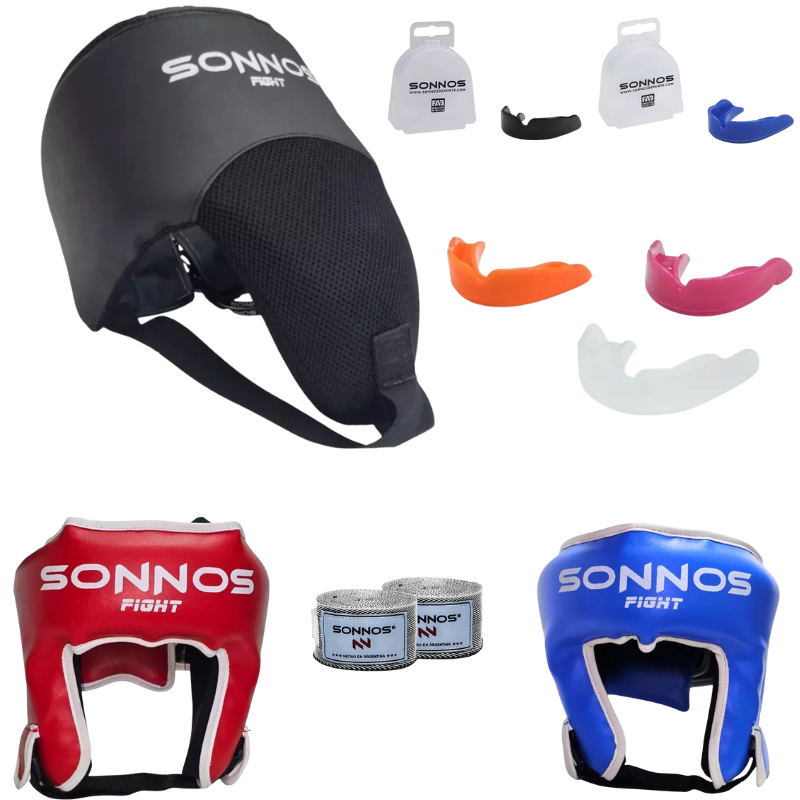 Combo Protección y Competición Boxeo SONNOS – Bucal + Cabezal + Inguinal + Vendas