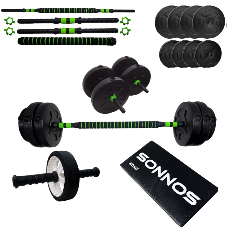 Kit 30 kg Entrenamiento en Casa – Barra + Discos PVC + Colchoneta + Rueda