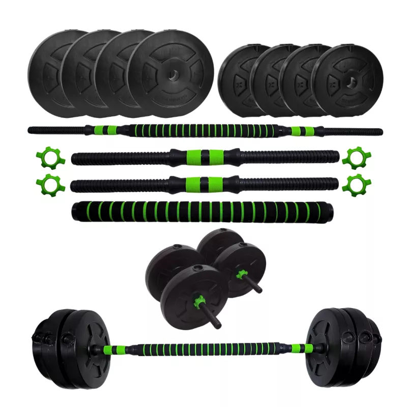Kit 30 kg Entrenamiento en Casa – Barra + Discos PVC + Colchoneta + Rueda