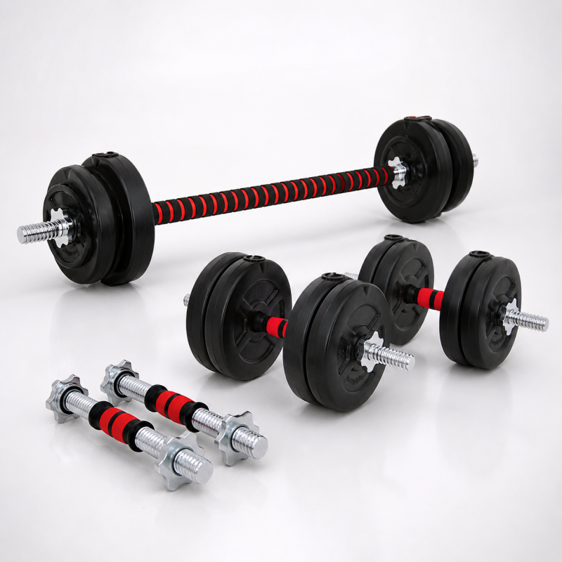 Entrená Fuerza en Casa – Barra Convertible + 30kg Discos