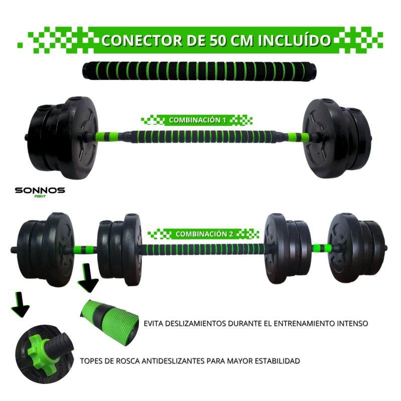 Kit Mancuernas Y Barra Ajustable Regulable A Rosca + 40 Kg. Negro