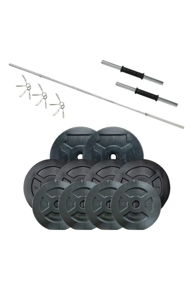 BARRA + MANCUERNAS SEMI MACIZAS + 50kg DISCO PVC NEGRO