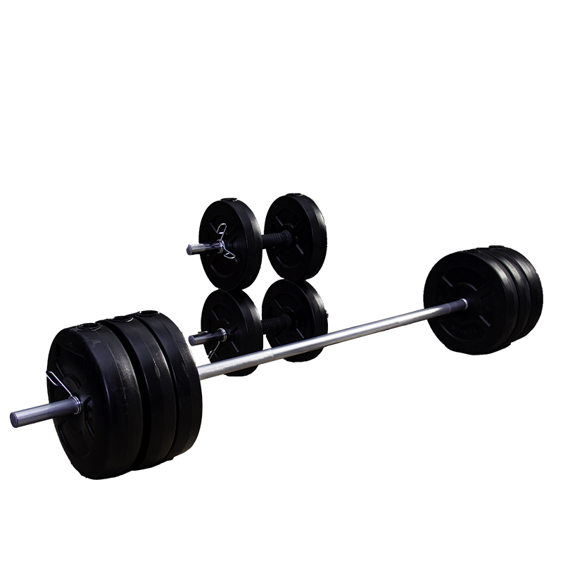 BARRA + MANCUERNAS SEMI MACIZAS + 50kg DISCO PVC NEGRO