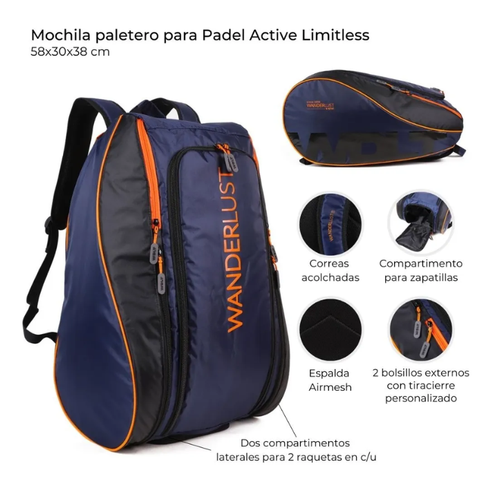 Mochila Paletero Wanderlust Azul para Pádel | Espacio para 2 Palas, Zapatillas y Accesorios