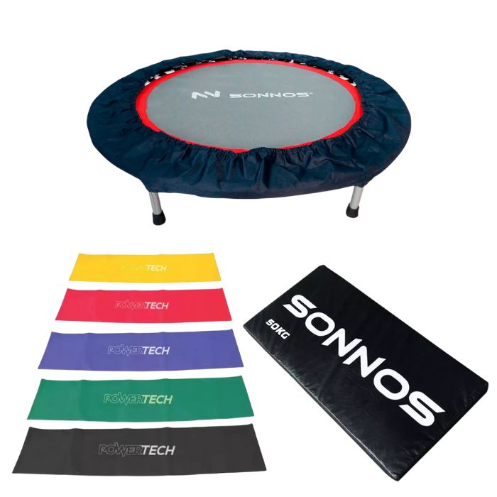 MINITRAMP 32 resortes CON FUNDA mas KIT BANDA CIRCULAR ANCHA PWT mas COLCHONETA ESTANDARD NEGRA densidad 50kg