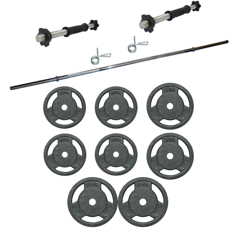 Kit 40kg Discos Trigrip Fundición + Barra Cromada + Mancuernas