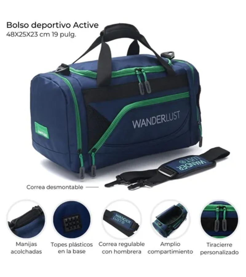 Bolso Deportivo Wanderlust Chico 48x25x23 cm Azul | 22” con Correa Desmontable y Múltiples Bolsillos