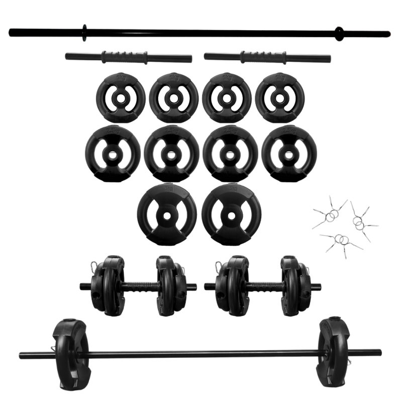 KIT BARRA + MANCUERNAS + 24 KG DE DISCOS PVC NEGROS (con manija)