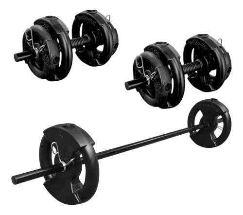 KIT BARRA + MANCUERNAS + 24 KG DE DISCOS PVC NEGROS (con manija)
