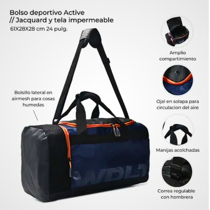 Bolso Deportivo Impermeable Wanderlust Grande 61x28x28 cm Azul | 48L con Compartimiento para Zapatillas y Correa Acolchada
